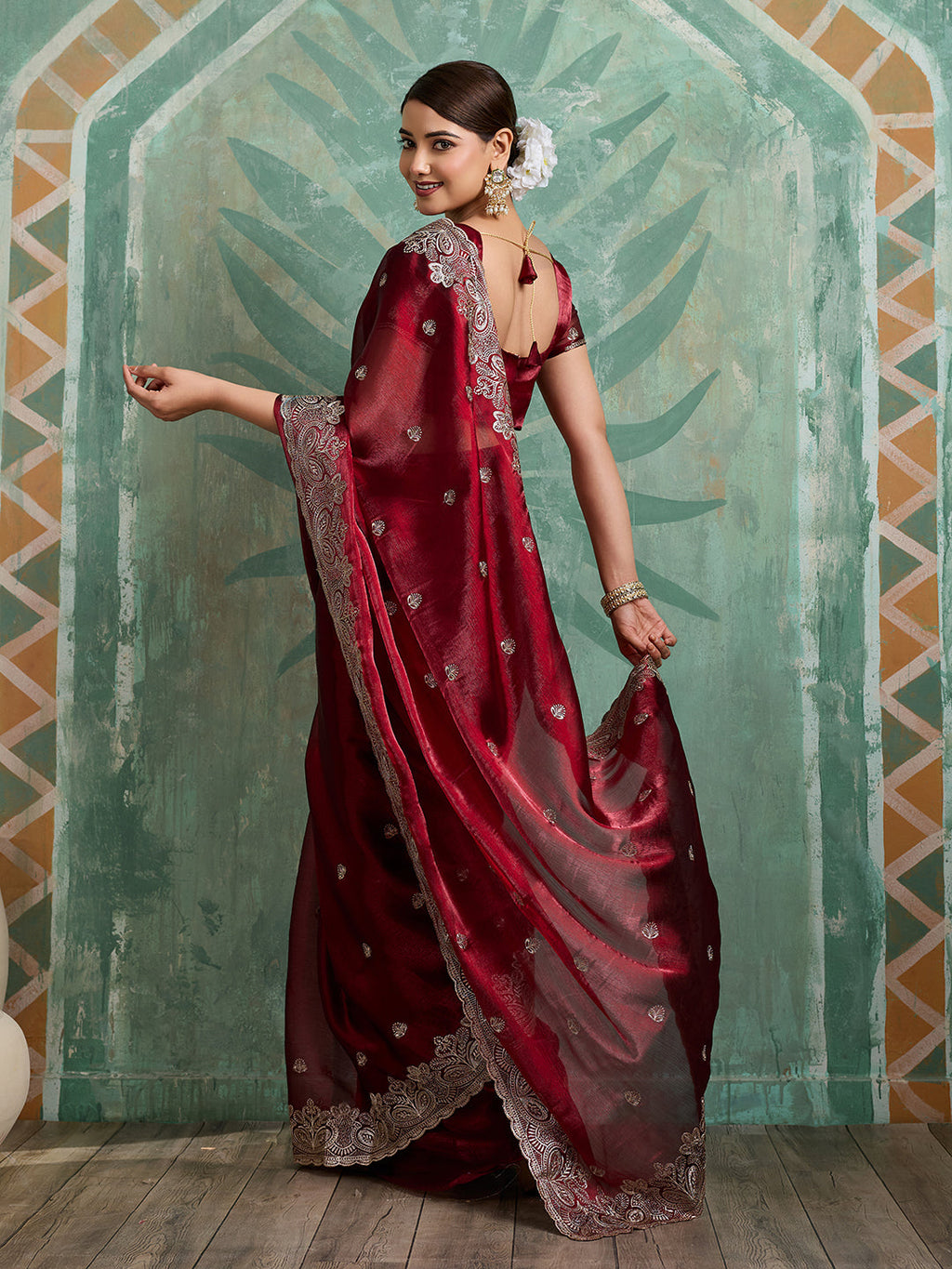 Maroon Party Wear Jimmy Choo Organza Saree