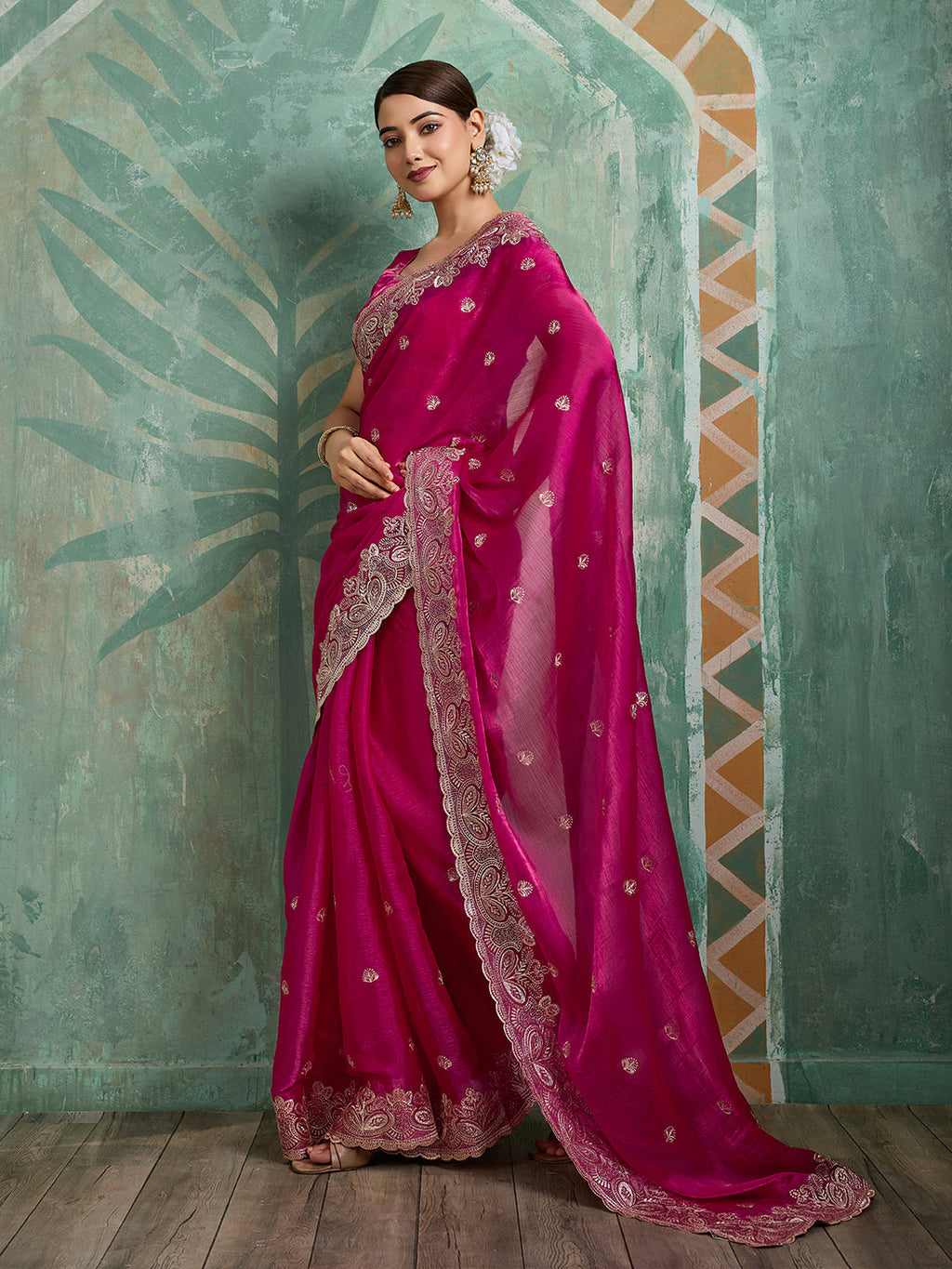 Pink Jimmy Choo Organza Party Wear Saree with Embroidery