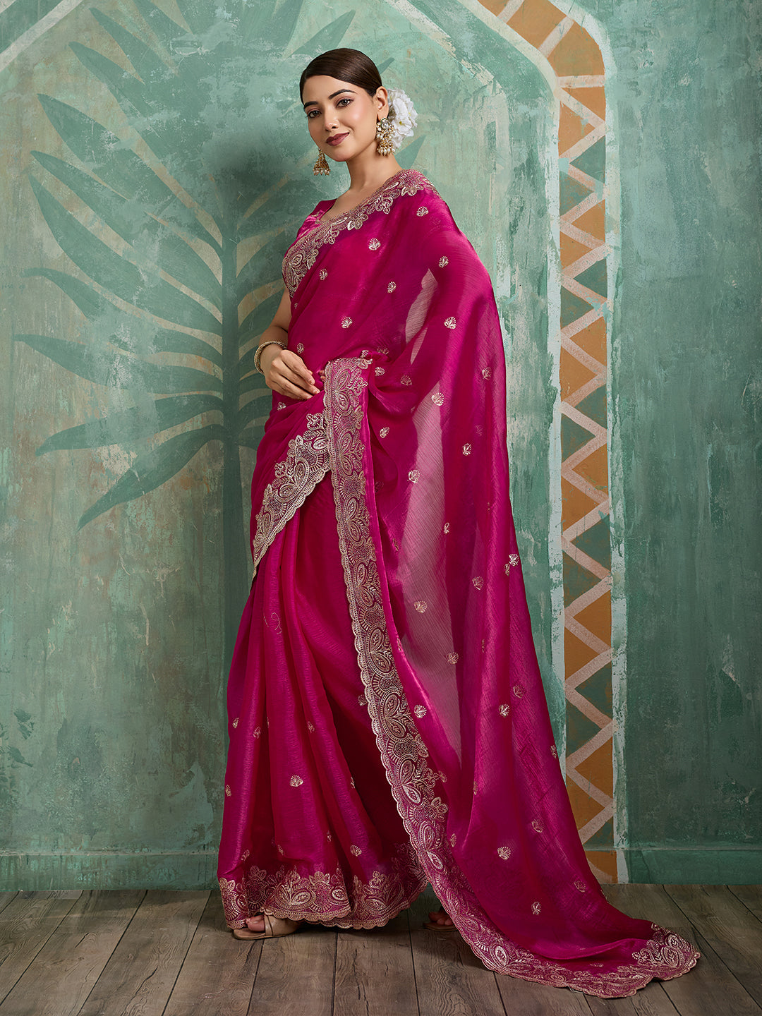 Pink Jimmy Choo Organza Party Wear Saree with Embroidery