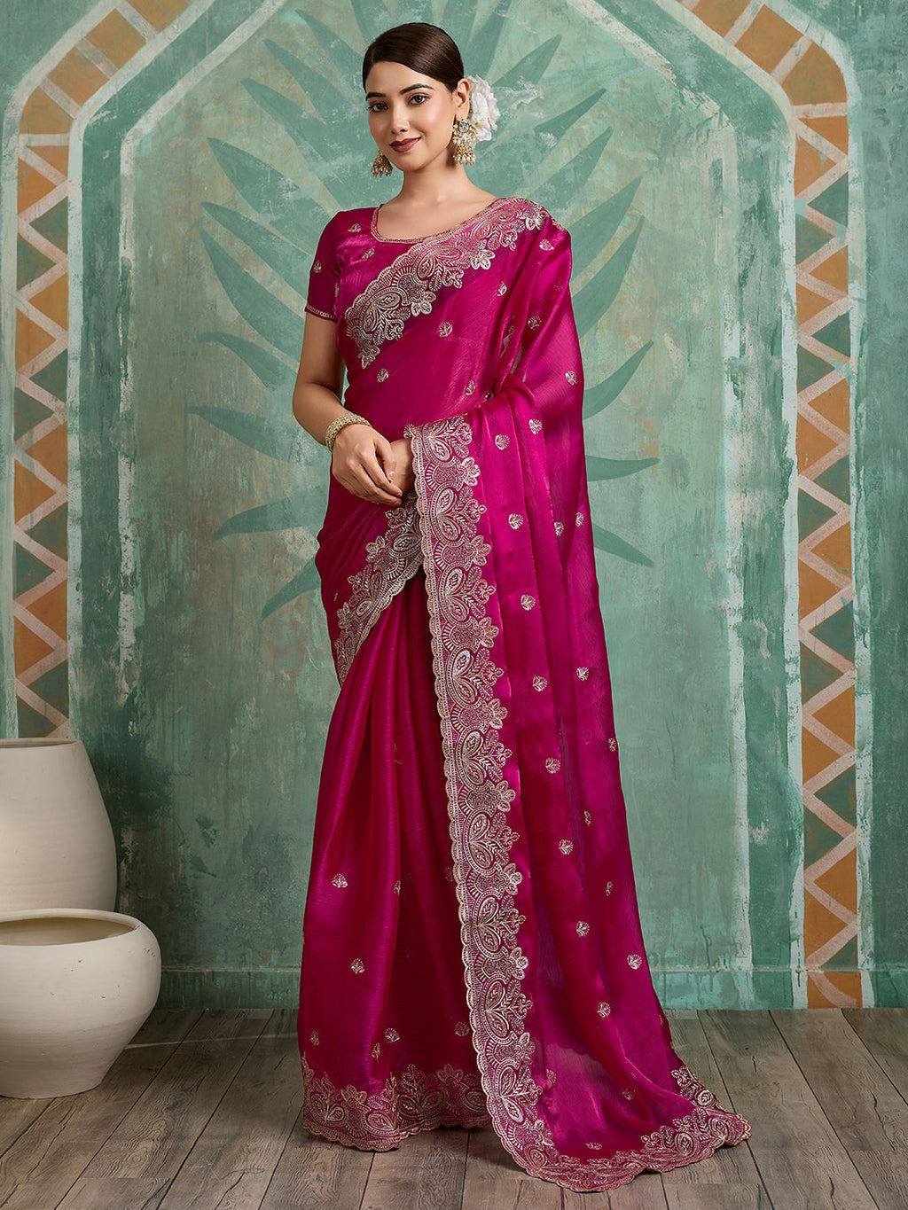 Soft pink Jimmy Choo organza party wear saree with embroidery and unstitched blouse