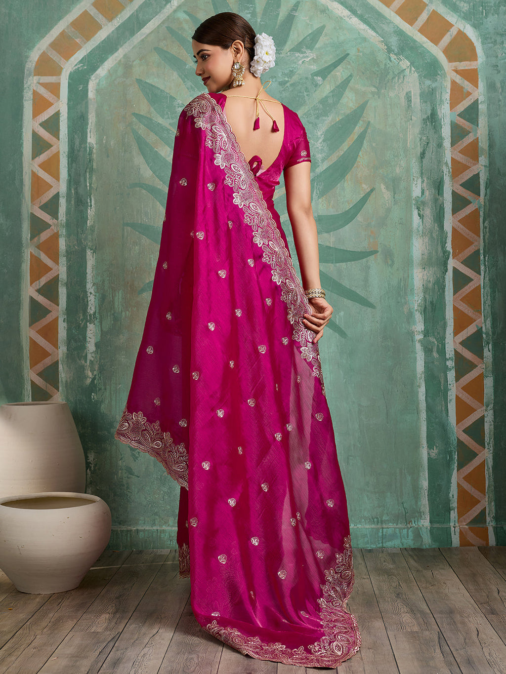 Pink Jimmy Choo Organza Party Wear Saree with Embroidery