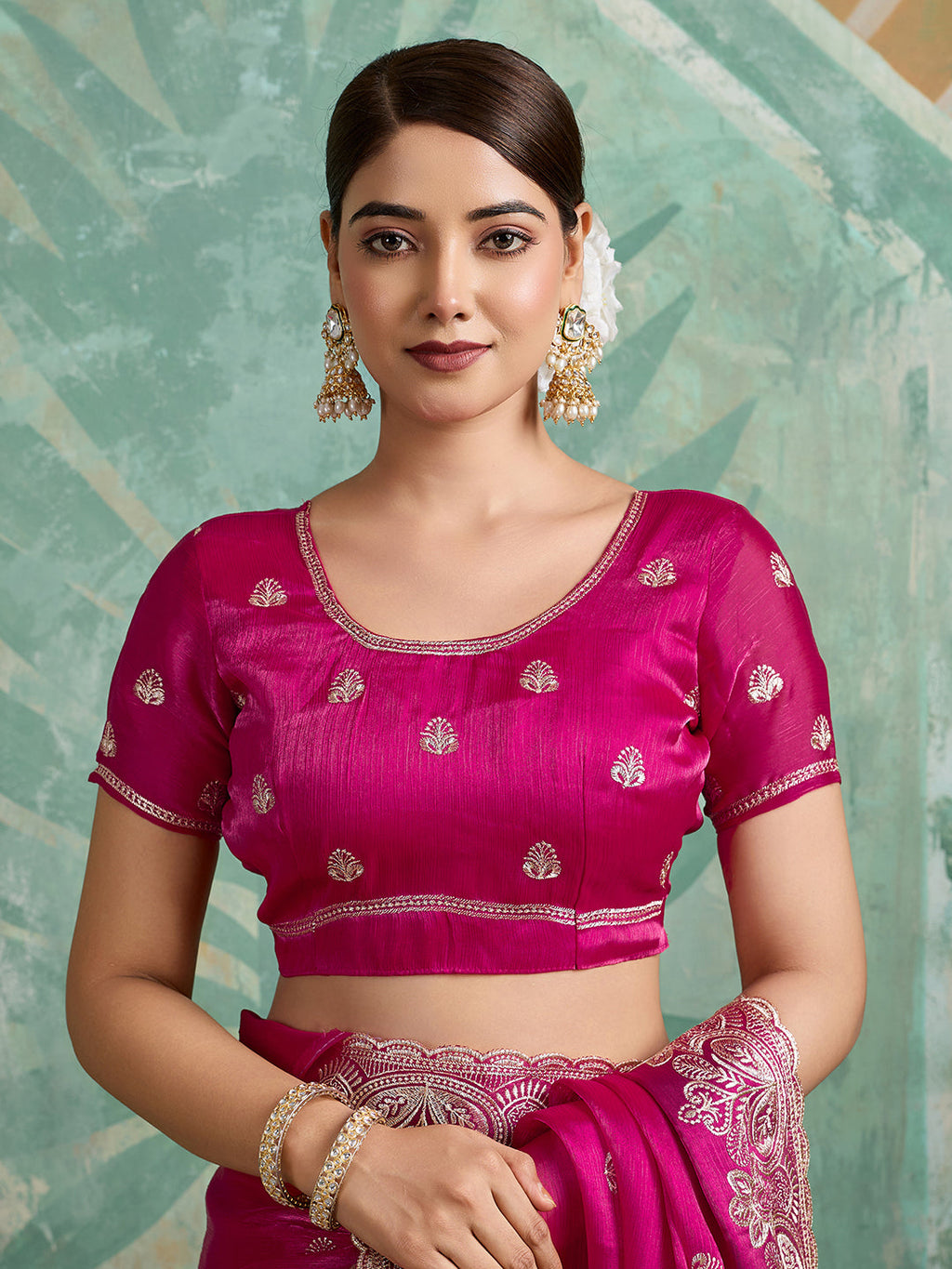 Pink Jimmy Choo Organza Party Wear Saree with Embroidery