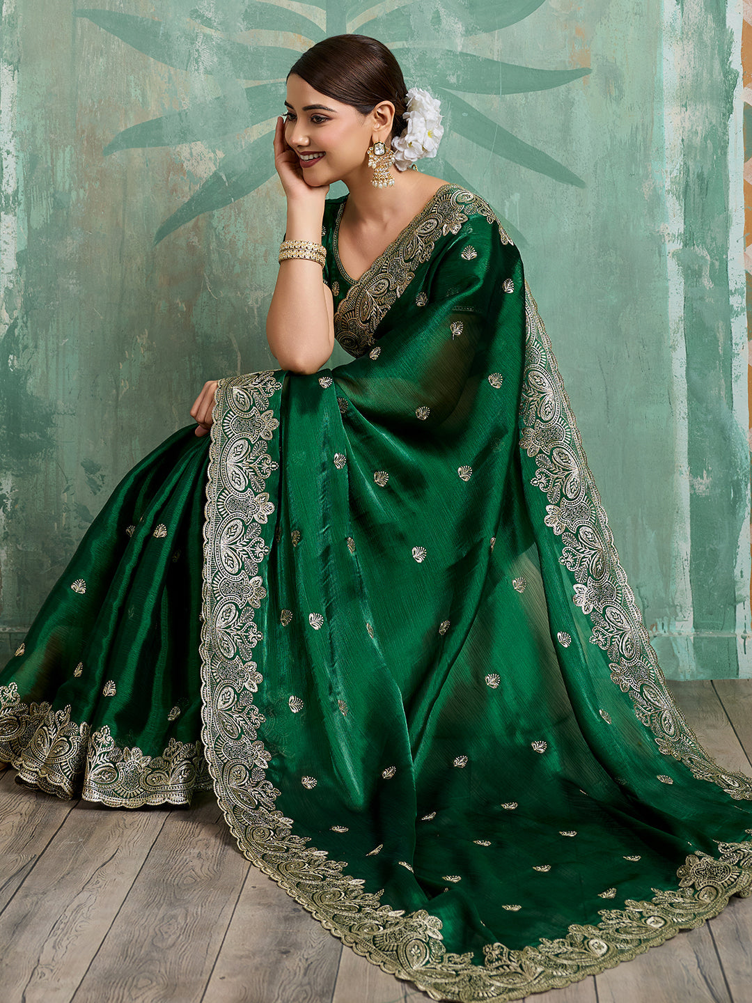 Green Embroidered Jimmy Choo Organza Party Wear Saree with Blouse