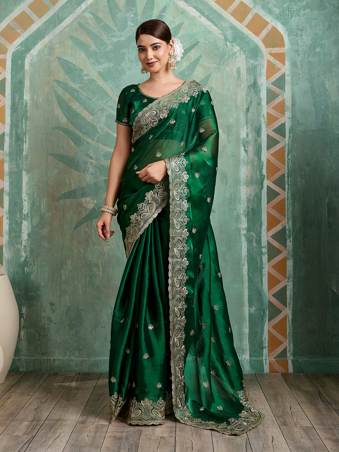 Green party wear saree in Jimmy Choo Organza fabric with embroidery
