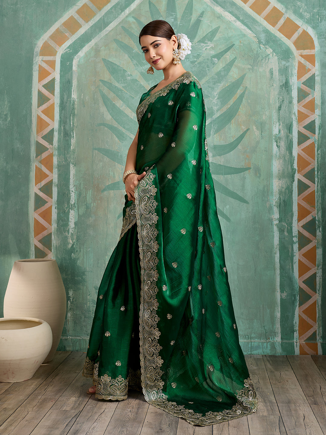 Green Embroidered Jimmy Choo Organza Party Wear Saree with Blouse