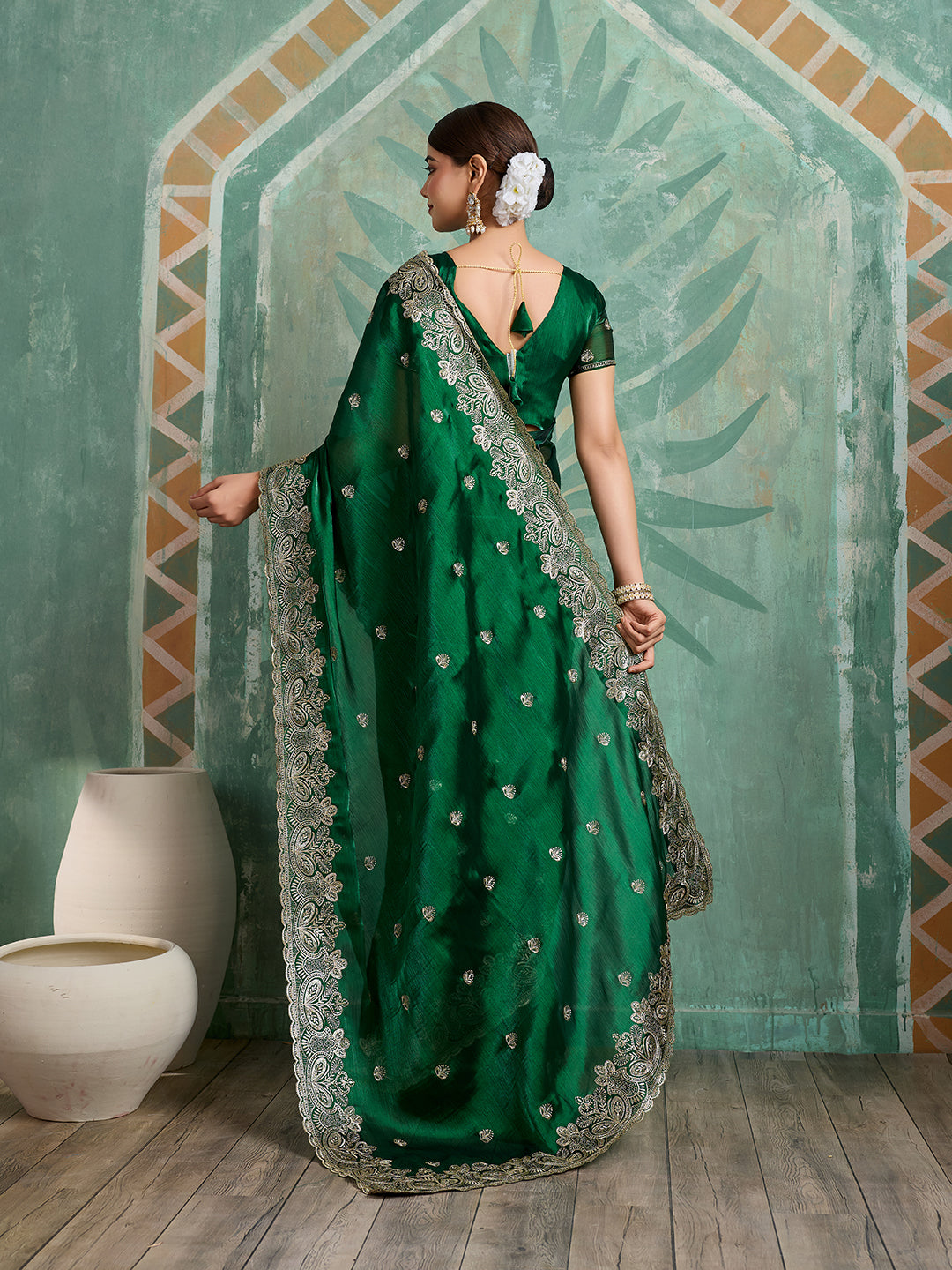 Green Embroidered Jimmy Choo Organza Party Wear Saree with Blouse