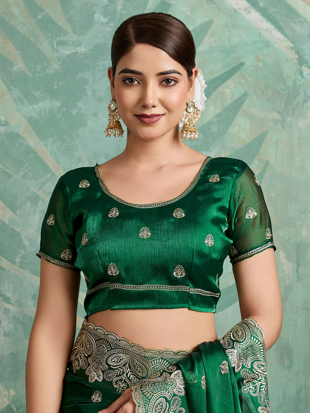 Green Embroidered Jimmy Choo Organza Party Wear Saree with Blouse