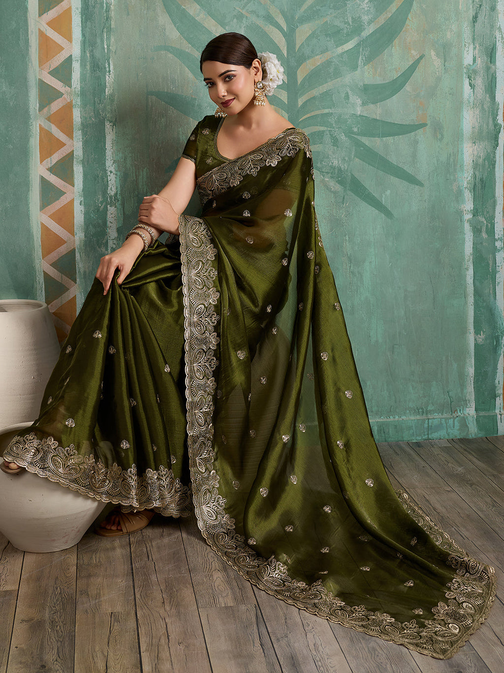 Green Embroidered Jimmy Choo Organza Party Wear Saree with Blouse