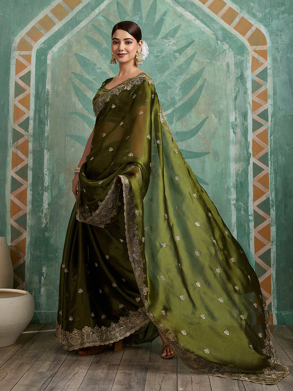 Green Embroidered Jimmy Choo Organza Party Wear Saree with Blouse