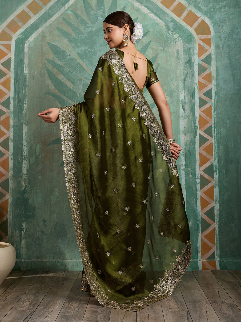 Green Embroidered Jimmy Choo Organza Party Wear Saree with Blouse