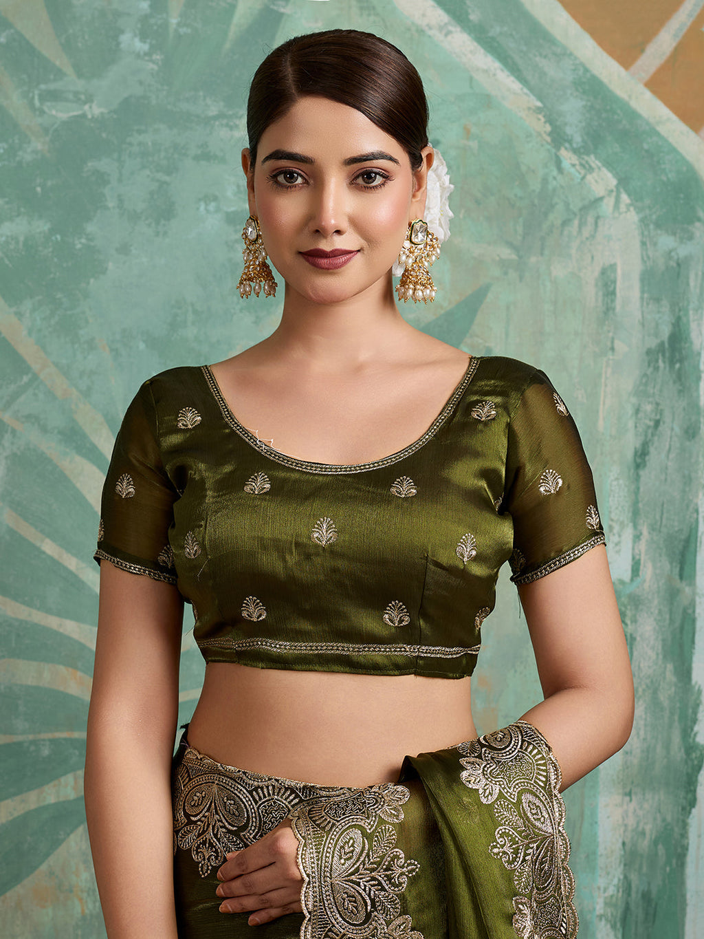 Green Embroidered Jimmy Choo Organza Party Wear Saree with Blouse