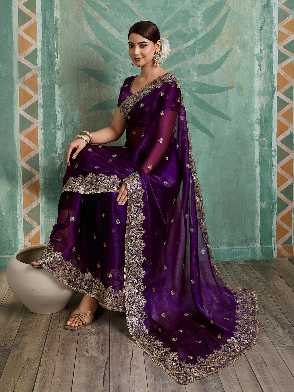 Purple Embroidered Jimmy Choo Organza Party Wear Saree with Blouse