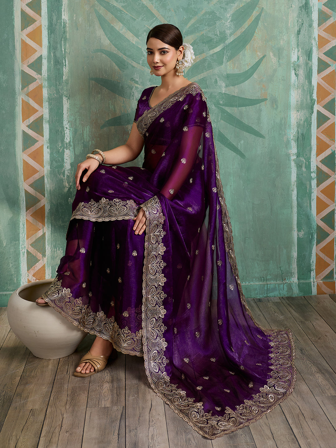 Purple Embroidered Jimmy Choo Organza Party Wear Saree with Blouse