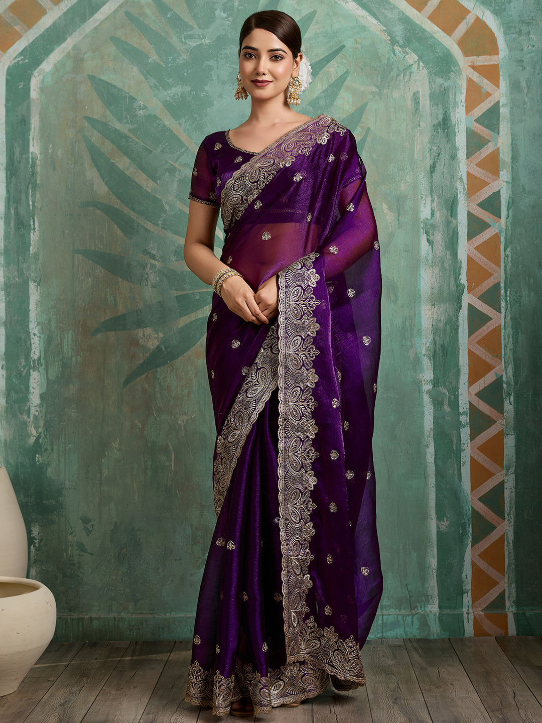 Purple embroidered Jimmy Choo Organza saree with unstitched blouse