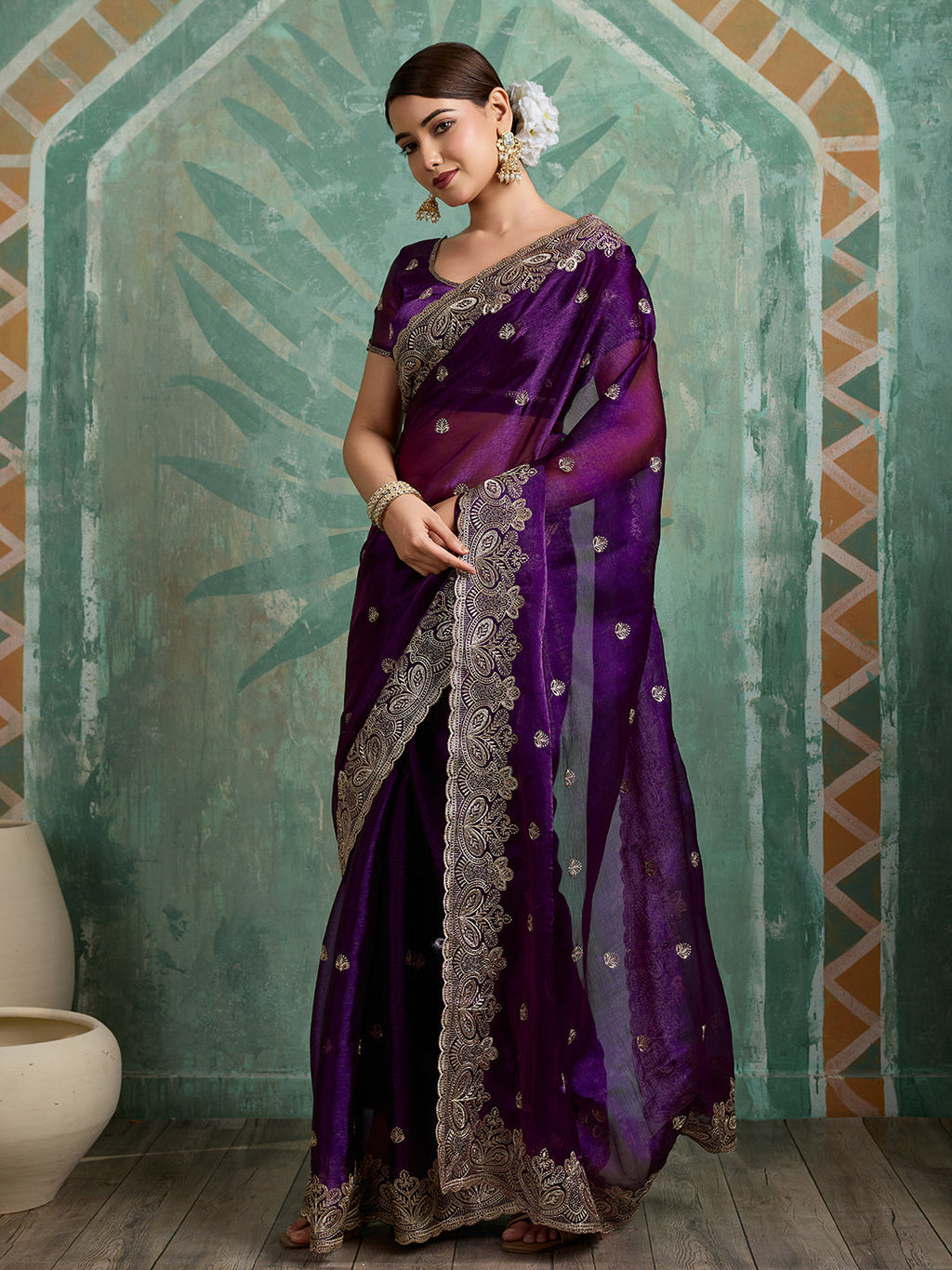 Purple Embroidered Jimmy Choo Organza Party Wear Saree with Blouse