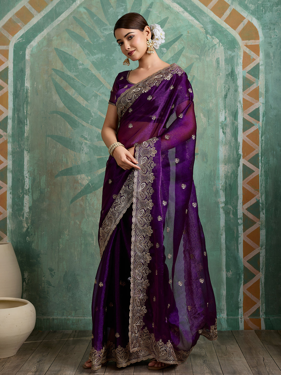 Purple Embroidered Jimmy Choo Organza Party Wear Saree with Blouse