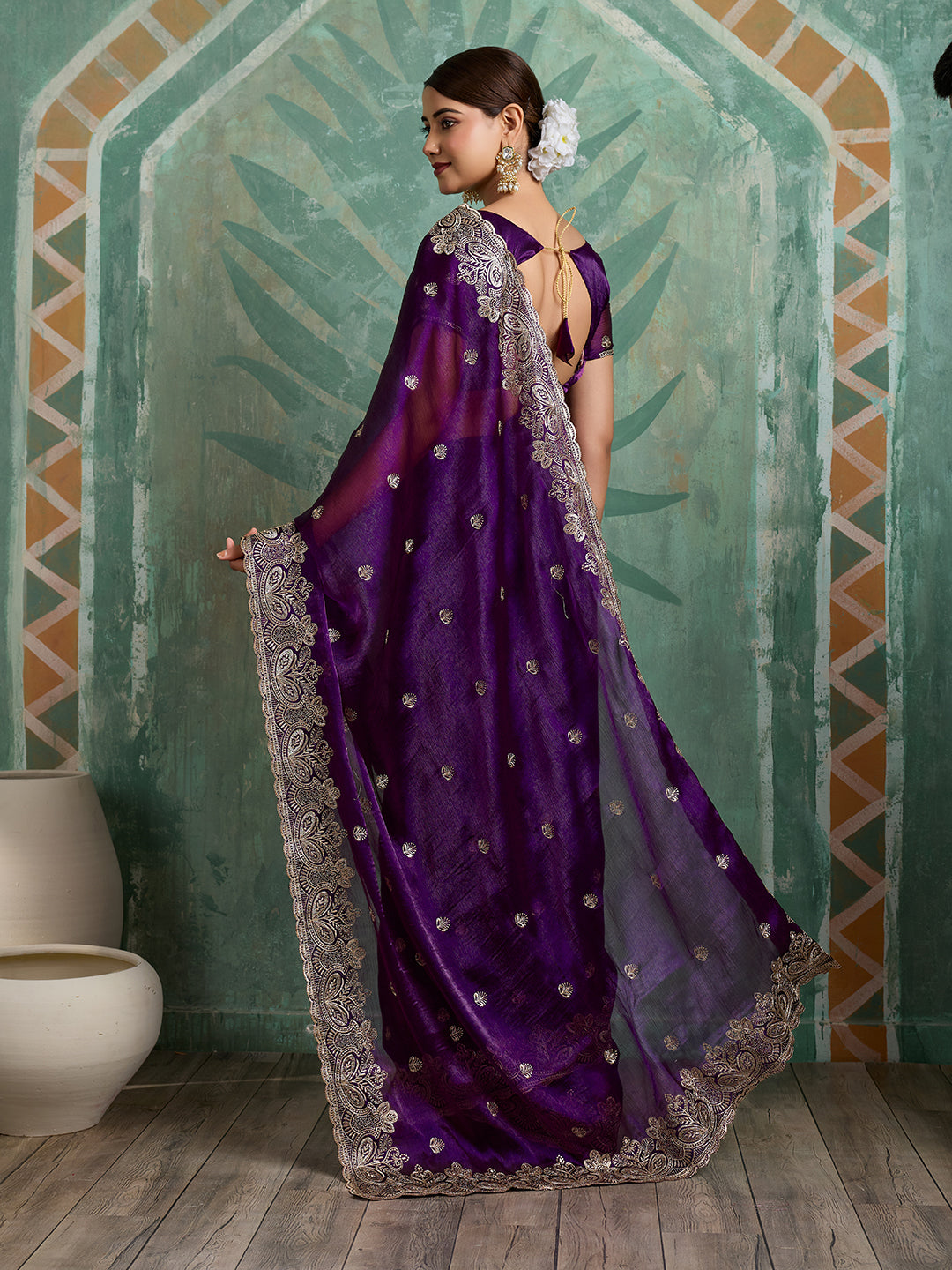 Purple Embroidered Jimmy Choo Organza Party Wear Saree with Blouse