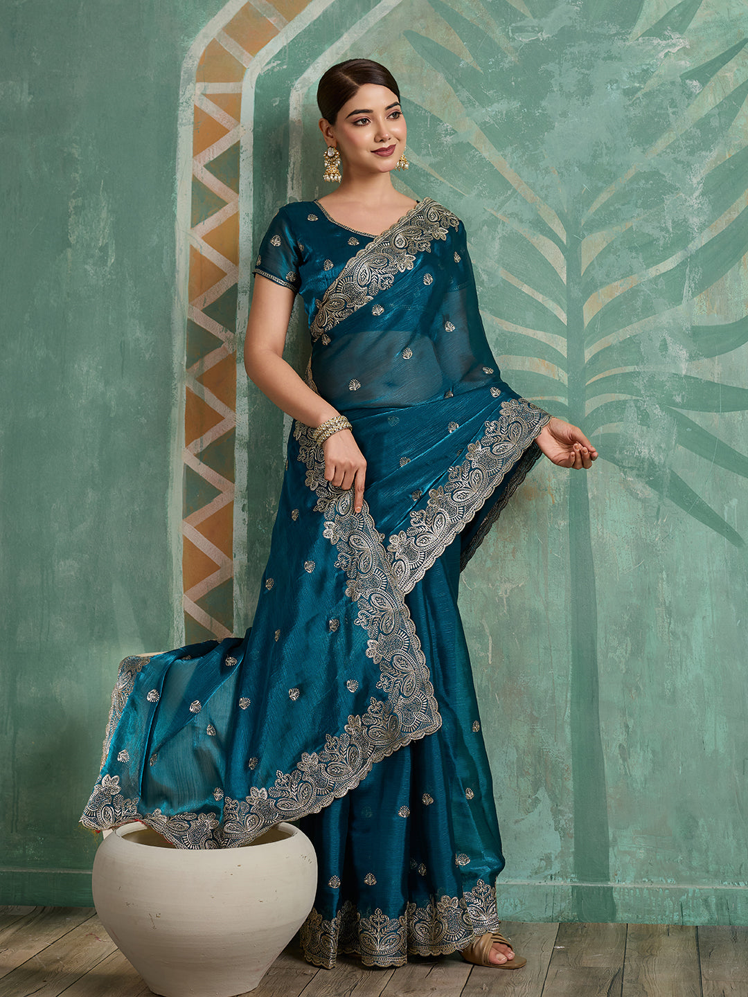 Teal Blue embroidered Jimmy Choo Organza saree with unstitched blouse fabric