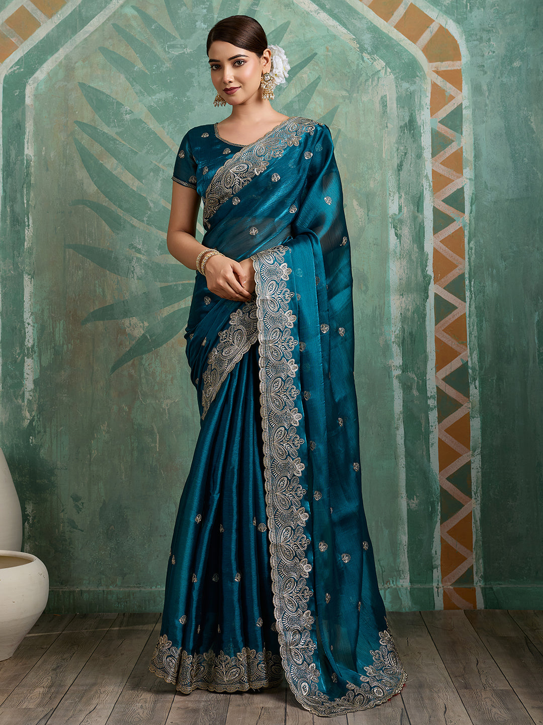 Teal Blue Embroidered Jimmy Choo Organza Party Wear Saree with Blouse