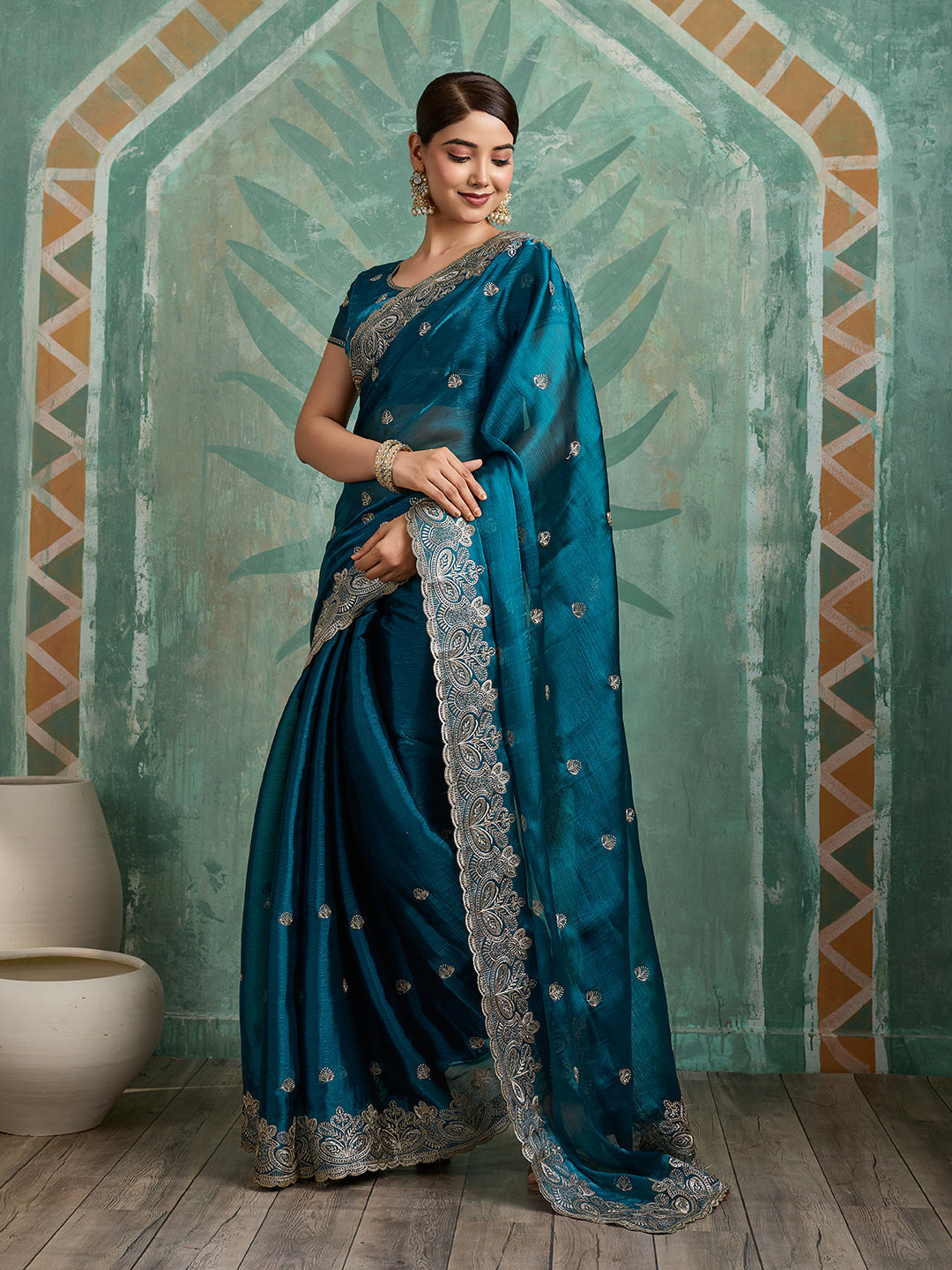 Teal Blue Embroidered Jimmy Choo Organza Party Wear Saree with Blouse