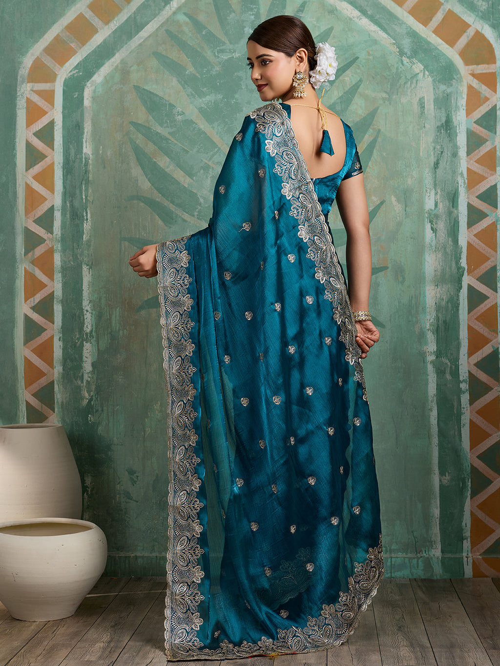 Teal Blue Embroidered Jimmy Choo Organza Party Wear Saree with Blouse