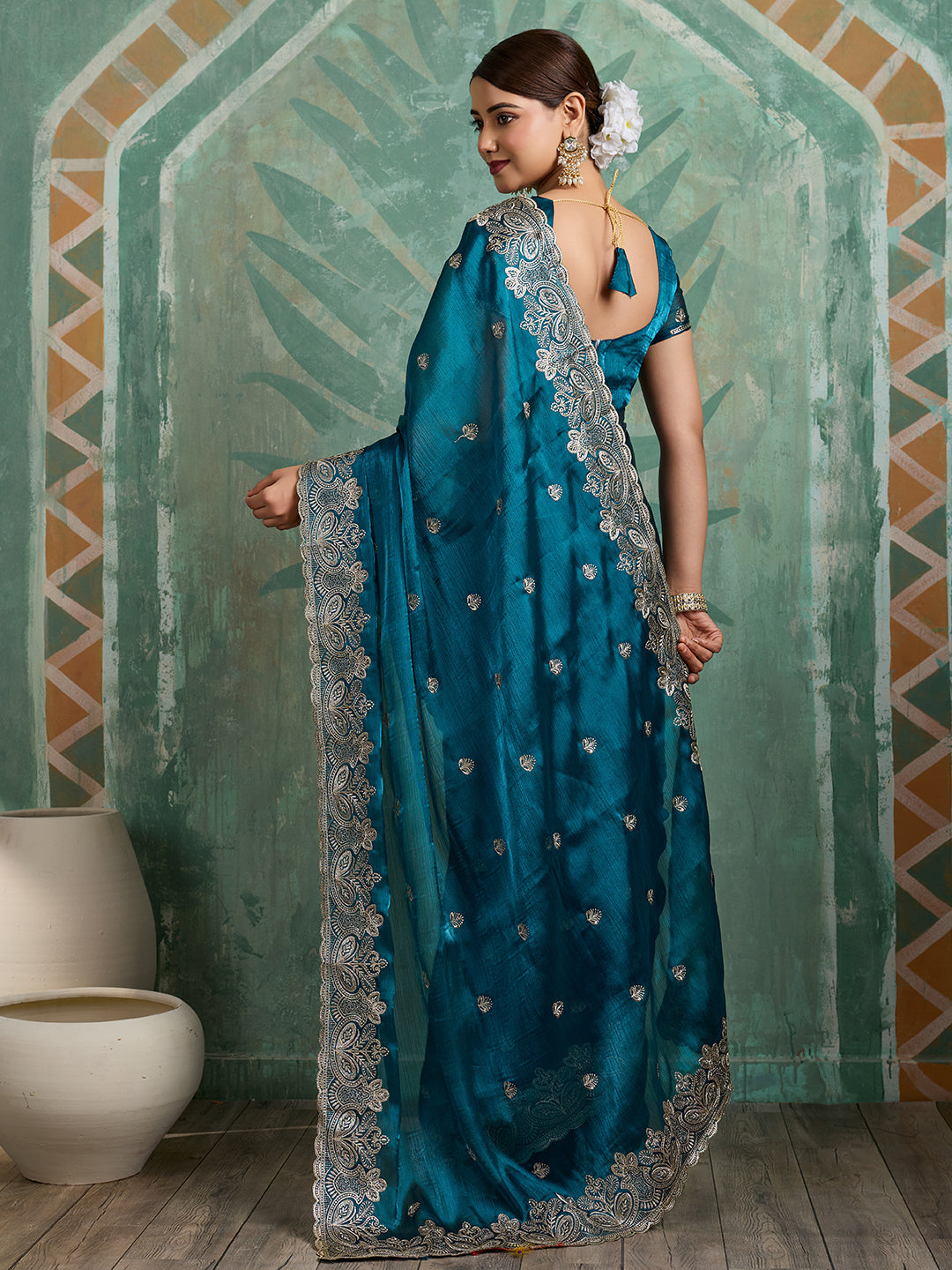 Teal Blue Embroidered Jimmy Choo Organza Party Wear Saree with Blouse