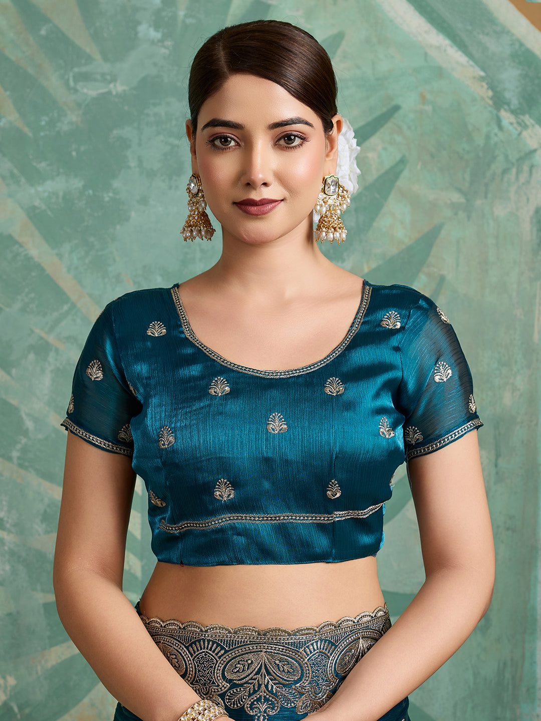 Teal Blue Embroidered Jimmy Choo Organza Party Wear Saree with Blouse