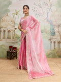 A baby pink Jimmy Choo organza saree with delicate embroidery for toddlers and children, party wear style.