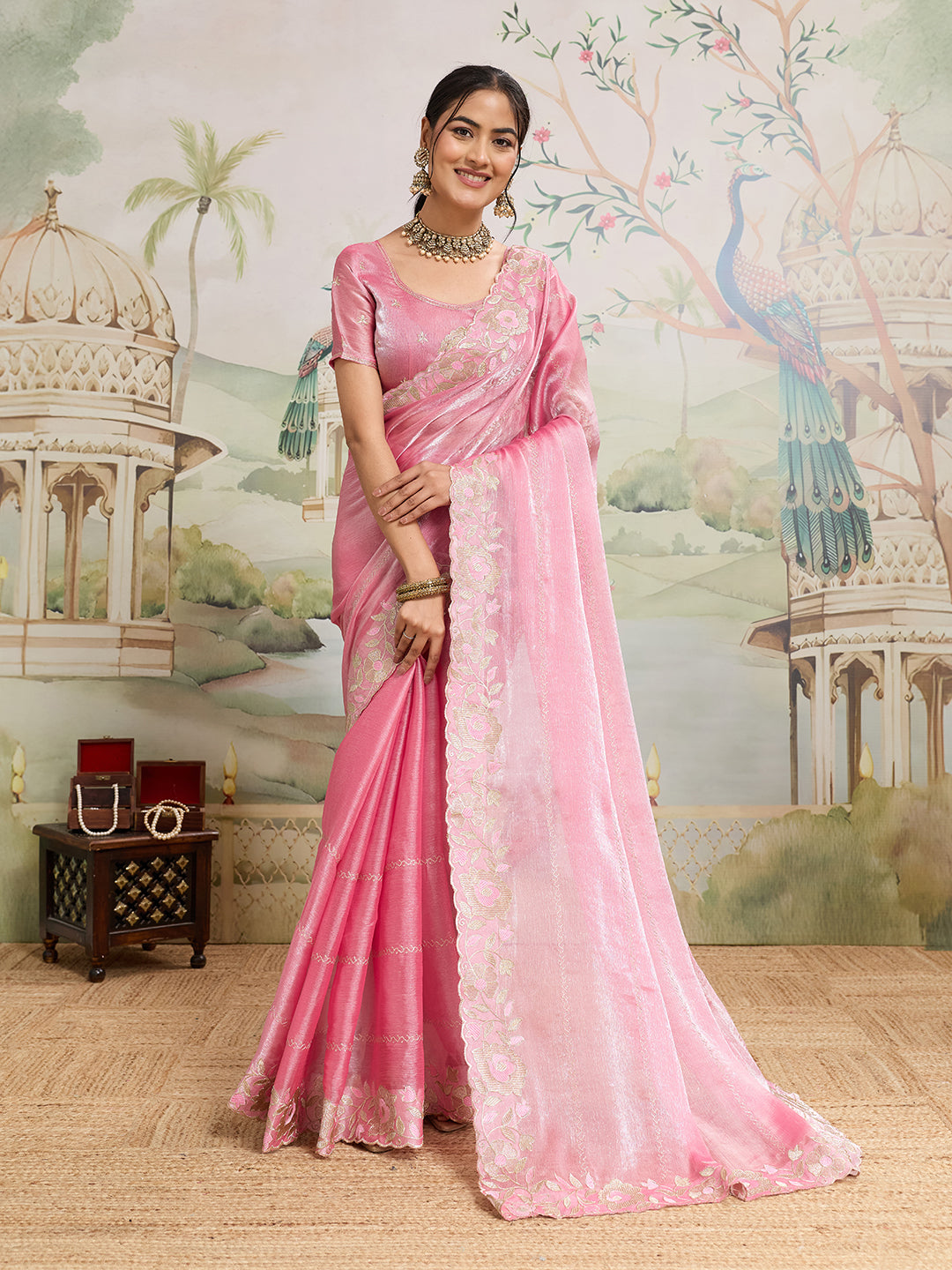 Baby Pink Embroidered Jimmy Choo Organza Saree Party Wear Set
