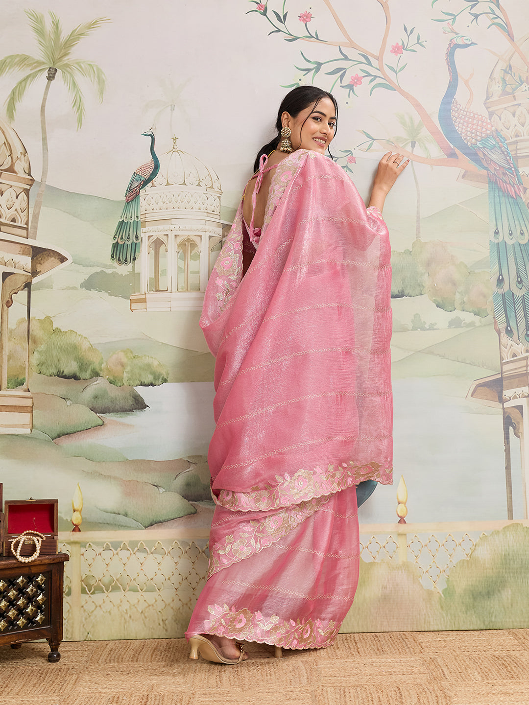 Baby Pink Embroidered Jimmy Choo Organza Saree Party Wear Set