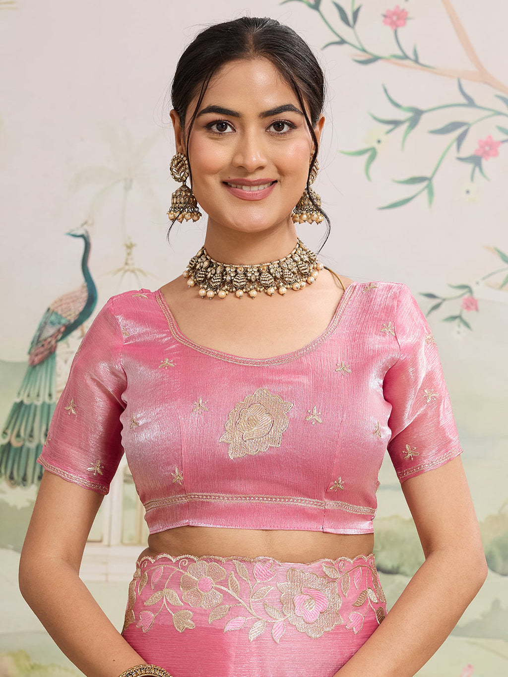 Baby Pink Embroidered Jimmy Choo Organza Saree Party Wear Set