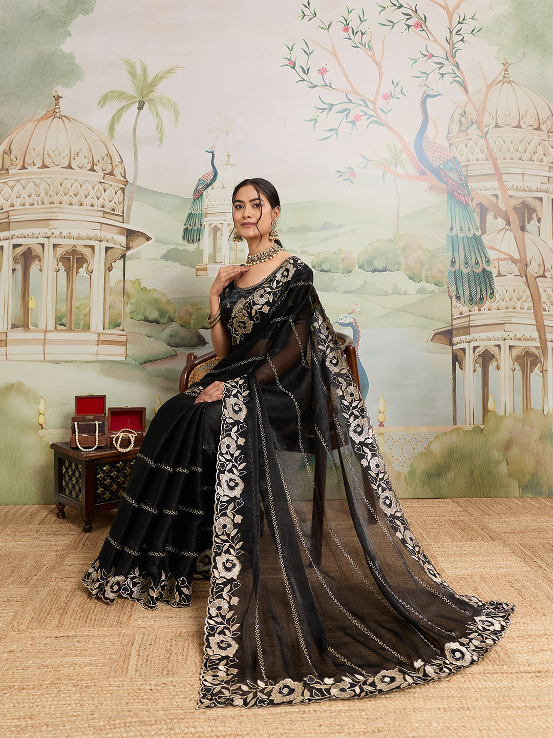 Black Embroidered Jimmy Choo Organza Party Wear Saree with Blouse