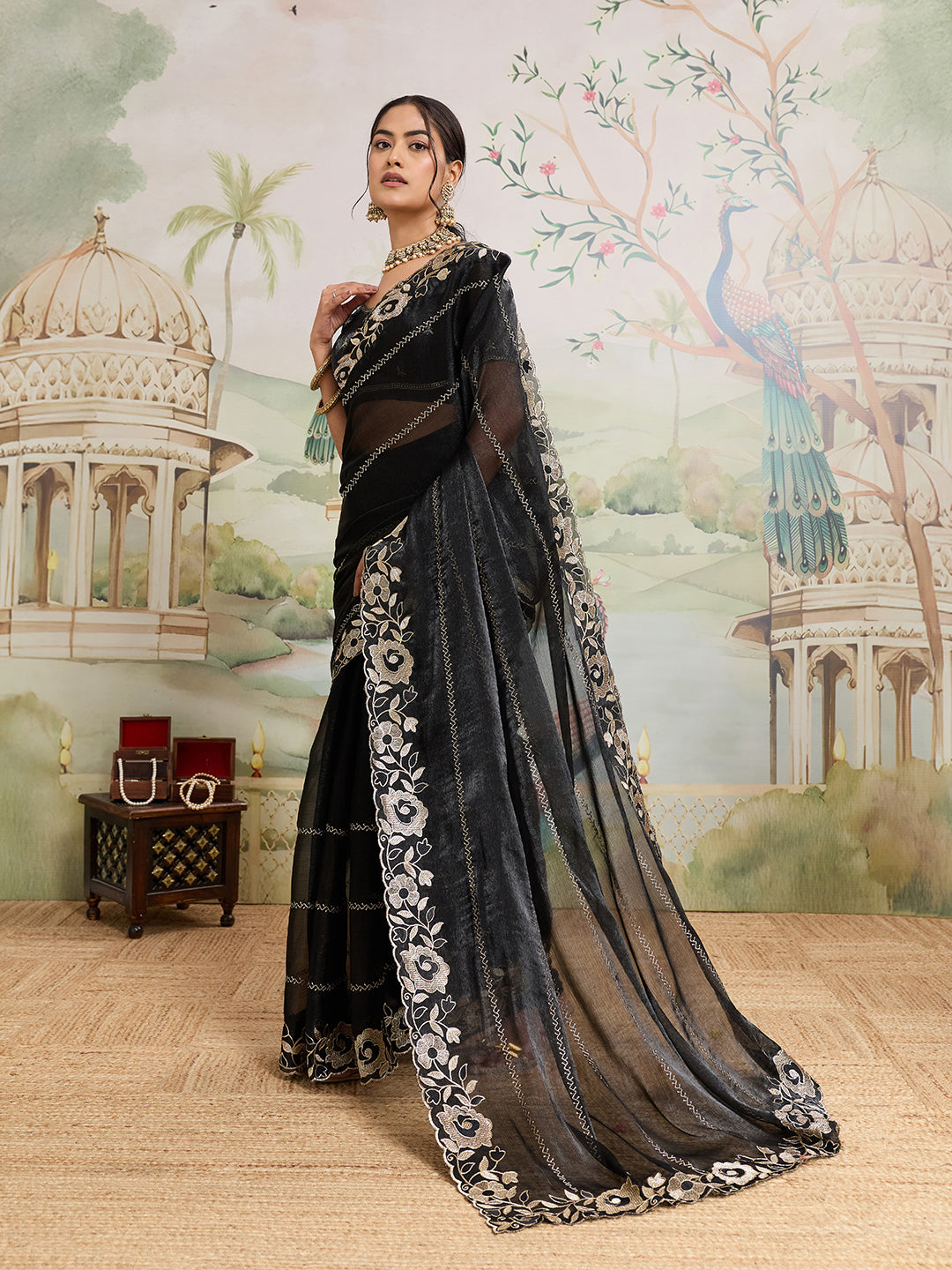 Black Embroidered Jimmy Choo Organza Party Wear Saree with Blouse