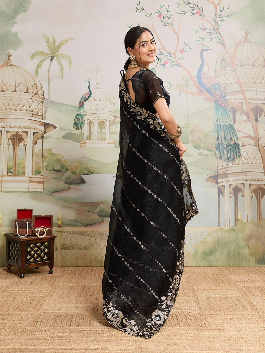 Black Embroidered Jimmy Choo Organza Party Wear Saree with Blouse