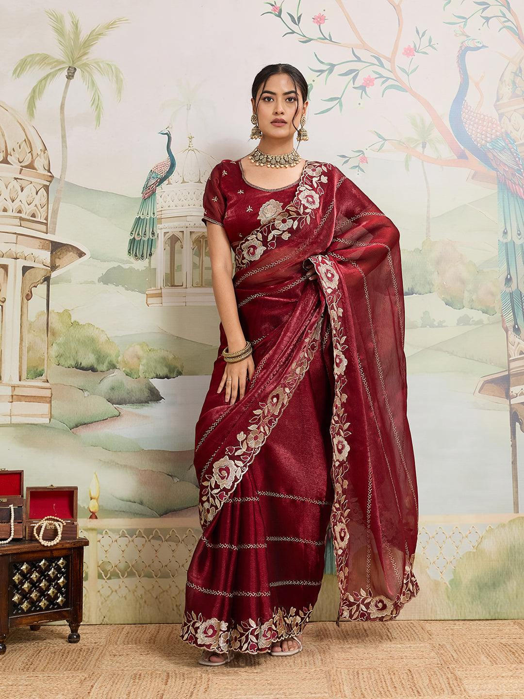 Maroon Jimmy Choo Organza embroidered party wear saree with unstitched blouse piece
