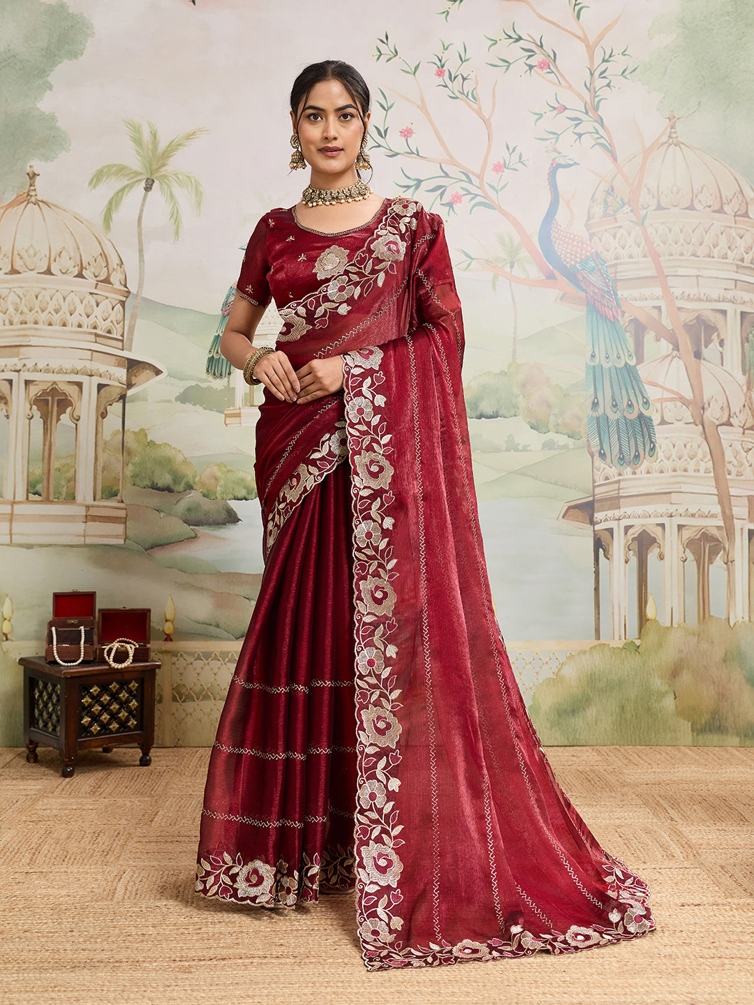 Maroon Embroidered Jimmy Choo Organza Saree with Unstitched Blouse