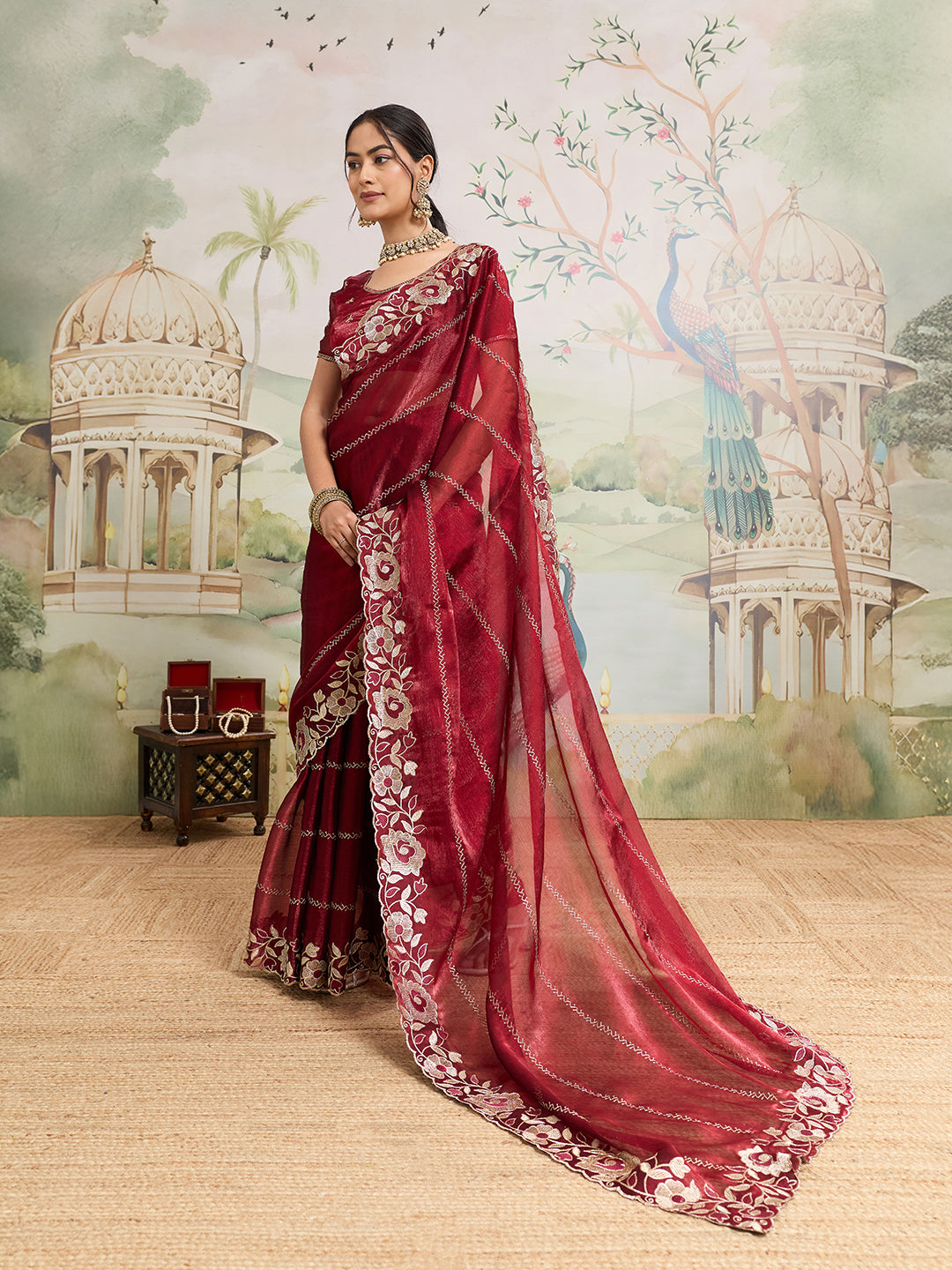 Maroon Embroidered Jimmy Choo Organza Saree with Unstitched Blouse