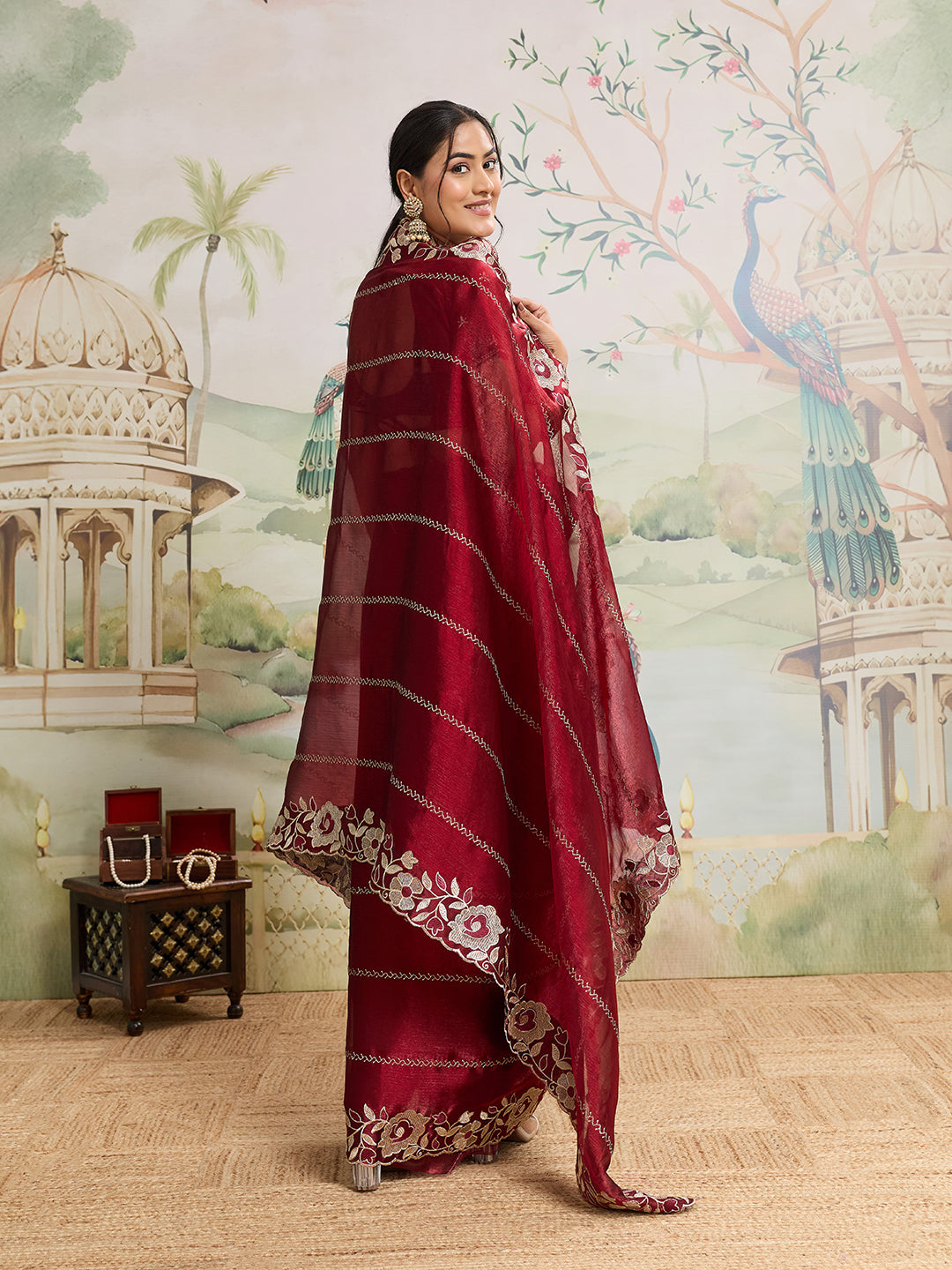 Maroon Embroidered Jimmy Choo Organza Saree with Unstitched Blouse