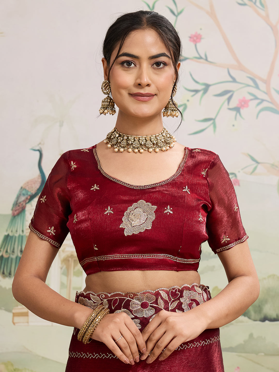 Maroon Embroidered Jimmy Choo Organza Saree with Unstitched Blouse