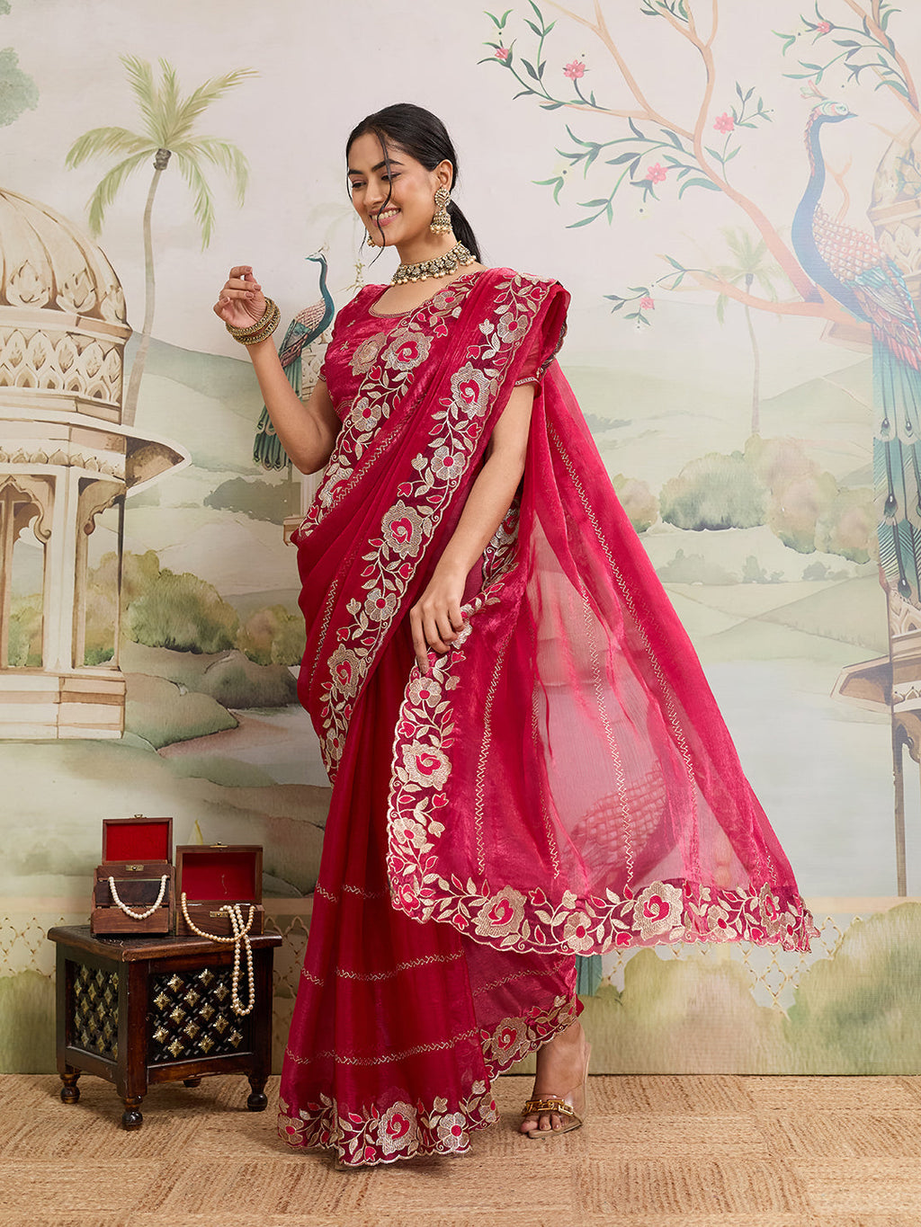 Pink Embroidered Jimmy Choo Organza Party Wear Saree with Blouse