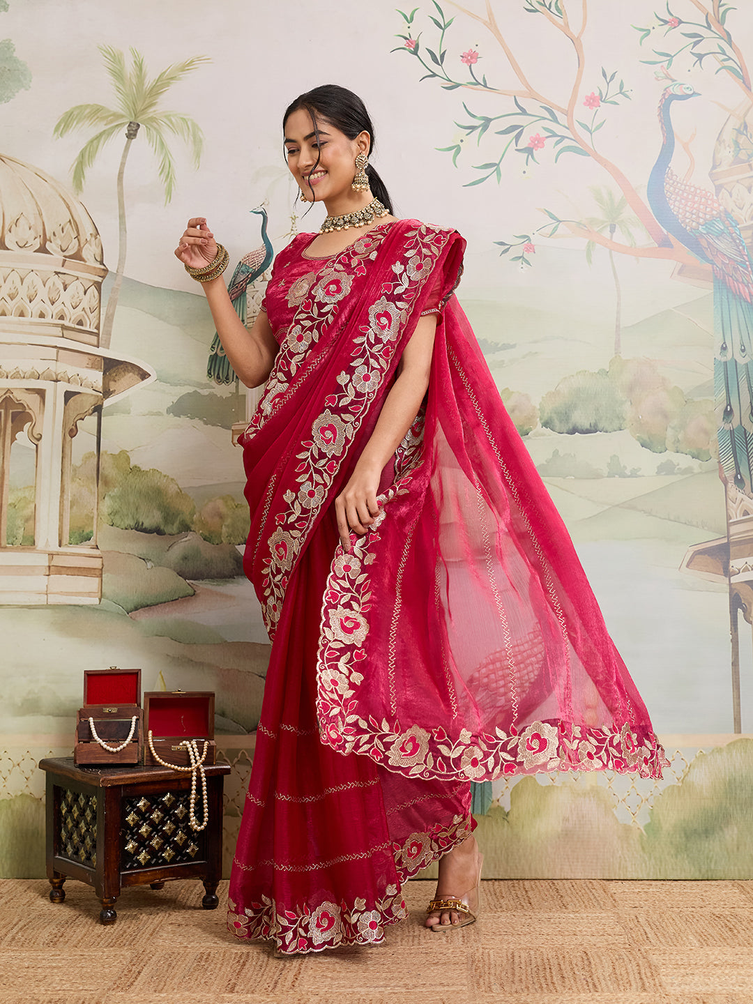 Pink Embroidered Jimmy Choo Organza Party Wear Saree with Blouse