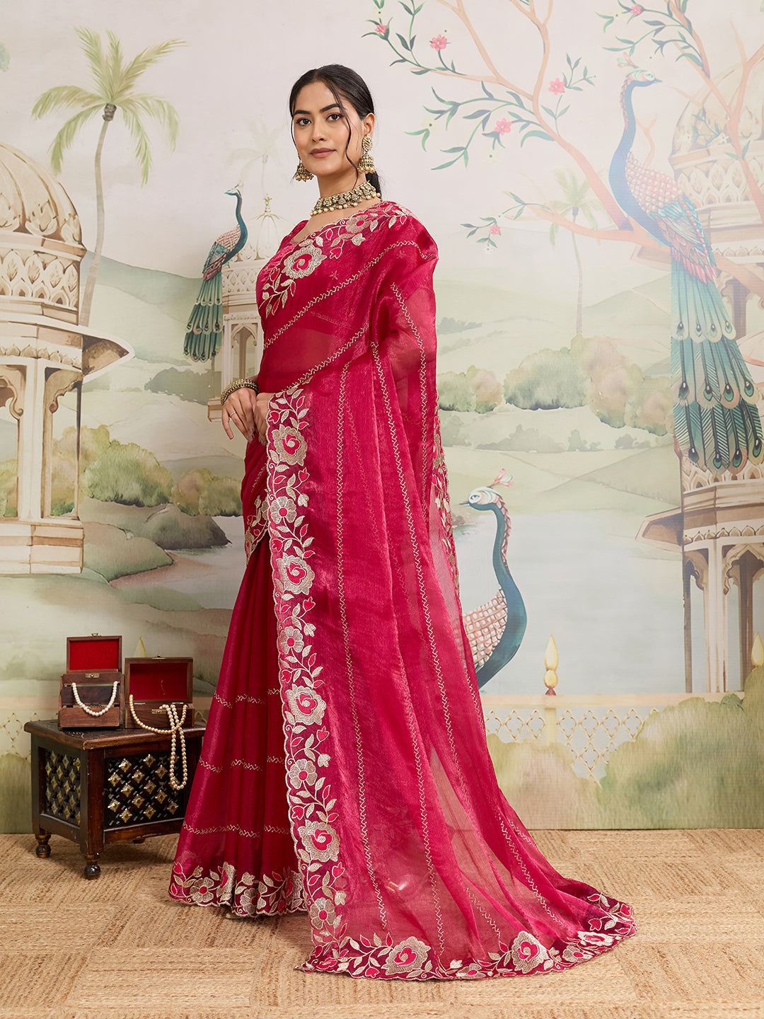 Pink Embroidered Jimmy Choo Organza Party Wear Saree with Blouse