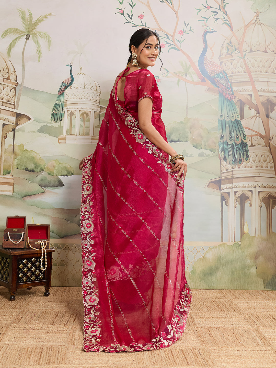 Pink Embroidered Jimmy Choo Organza Party Wear Saree with Blouse