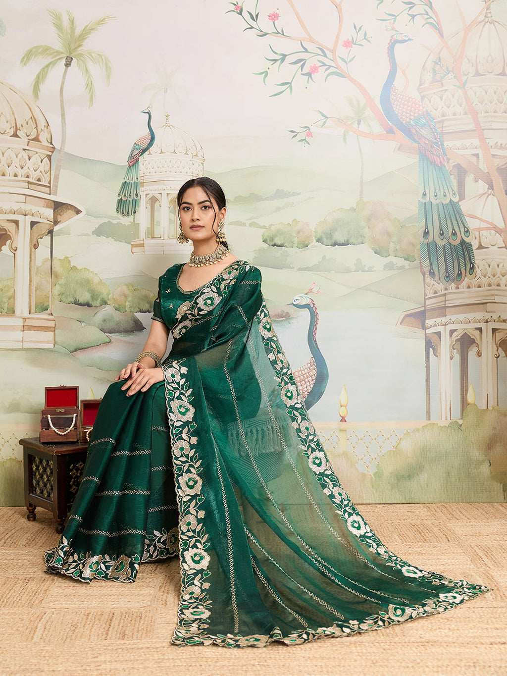 Green Embroidered Jimmy Choo Organza Party Wear Saree with Blouse