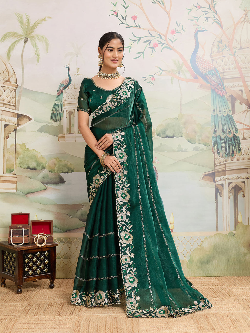 Green embroidered Jimmy Choo Organza party wear saree with unstitched blouse piece