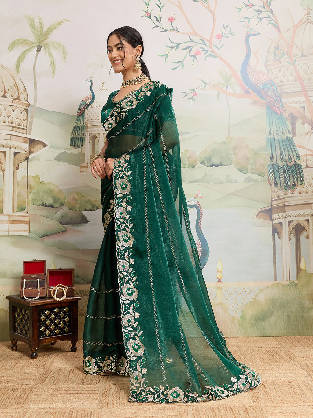 Green Embroidered Jimmy Choo Organza Party Wear Saree with Blouse