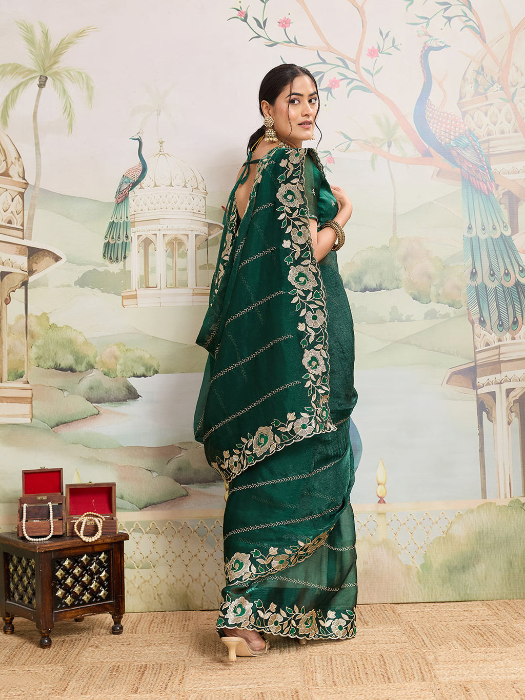 Green Embroidered Jimmy Choo Organza Party Wear Saree with Blouse