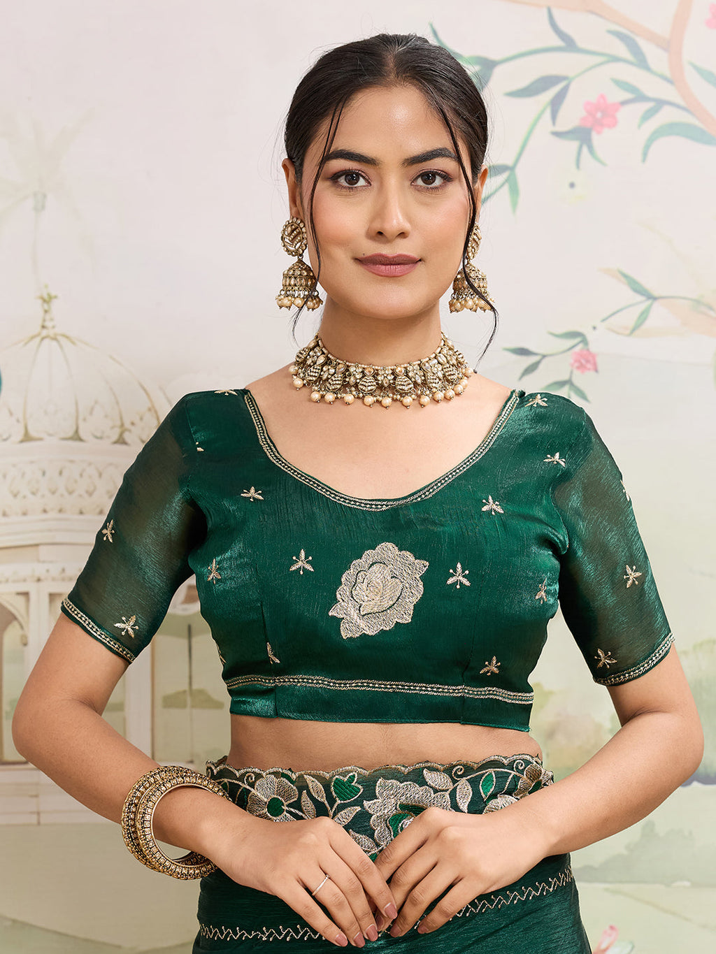 Green Embroidered Jimmy Choo Organza Party Wear Saree with Blouse