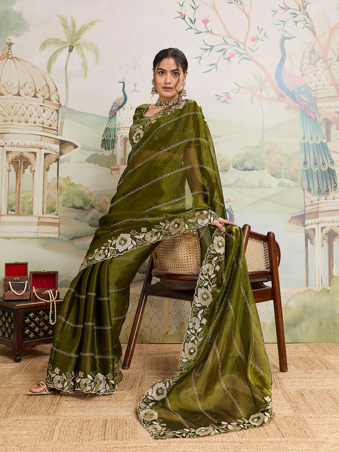 Green Embroidered Jimmy Choo Organza Party Wear Saree with Blouse