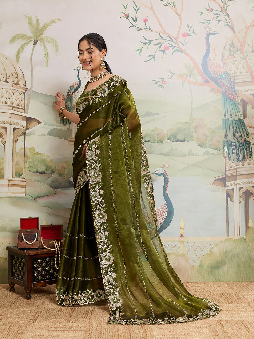Green Embroidered Jimmy Choo Organza Party Wear Saree with Blouse